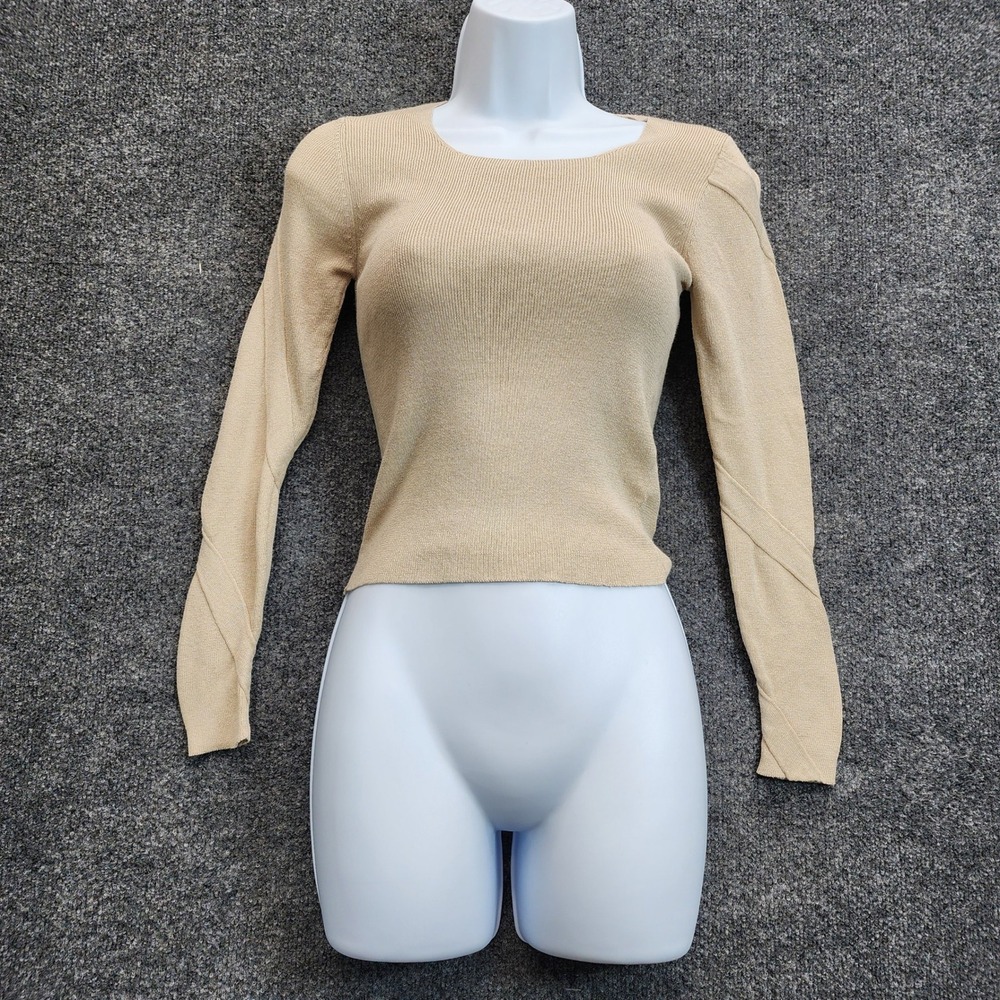 Ibex Women's Ribbed Knit Scoop Neck Long Sleeve Sweater Tan Minimalist Size 38